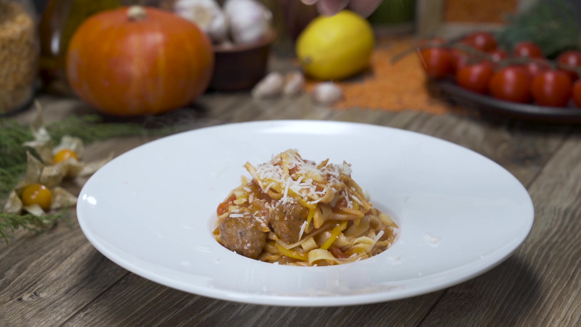 Tagliatelle with meatballs in tomato sauce